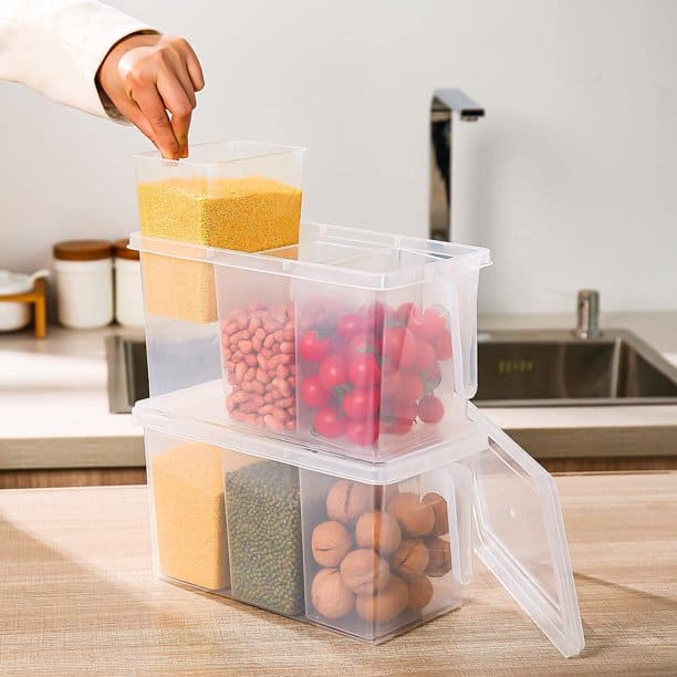 Transparent 3 Section Food Storage Box, Square Handle Food Storage Container, Plastic Divided Kitchen Organizer Bin, Multipurpose Fridge Storage Boxes with Lid and 3 Bins Transparent 3 Section Food Storage Box, Square Handle Food Storage Container, Plastic Divided Kitchen Organizer Bin, Multipurpose Fridge Storage Boxes with Lid and 3 Bins